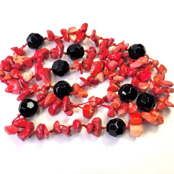 Coral Red and Black Chips and Bead Long Necklace - Picture 3 of 9